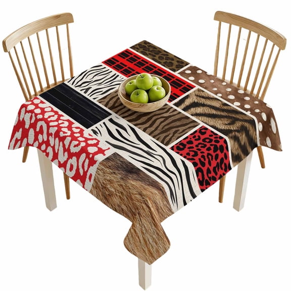 Square Tablecloths, Animal Fur Print Pattern Waterproof Table Cloths, Leopard Zebra Red Black Plaid Spillproof Decorative Dining Table Covers for Kitchen,Indoor Outdoor Parties, Camping 54x54in