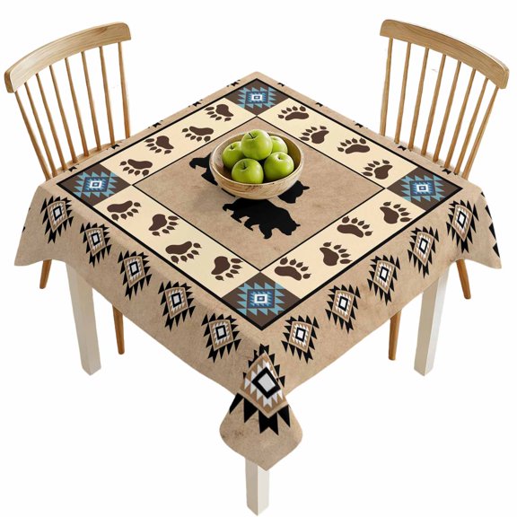 Square Tablecloths, Autumn Black Bear Footprints Waterproof Table Cloths, Geometric Boho Artwork Spillproof Decorative Dining Table Covers for Kitchen,Indoor Outdoor Parties, Camping 54x54in