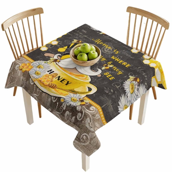 Square Tablecloths, Bee Gnome Honeycomb Waterproof Table Cloths, Rustic Daisy Floral Retro Blackboard Spillproof Decorative Dining Table Covers for Kitchen,Indoor Outdoor Parties, Camping 60x60in