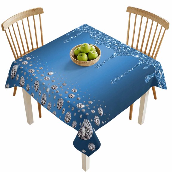 Square Tablecloths, Blue Silver Shiny Diamond Waterproof Table Cloths, Luxury Texture Colorful Modern Spillproof Decorative Dining Table Covers for Kitchen,Indoor Outdoor Parties, Camping 54x54in