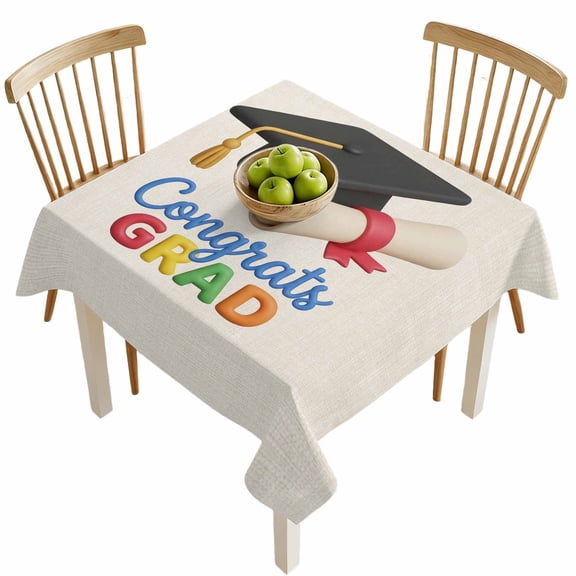 Square Tablecloths, Cartoon Bachelor's Hat on Beige Waterproof Table Cloths, Congrats Grad Quote Spillproof Decorative Dining Table Covers for Kitchen,Indoor Outdoor Parties, Camping 54x54in