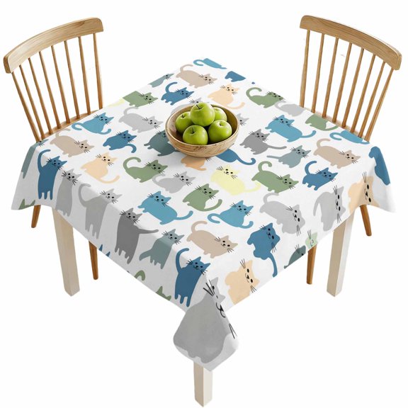 Square Tablecloths, Cartoon Cat Seamless Waterproof Table Cloths, Funny Animal on White Spillproof Decorative Dining Table Covers for Kitchen,Indoor Outdoor Parties, Camping 54x54in