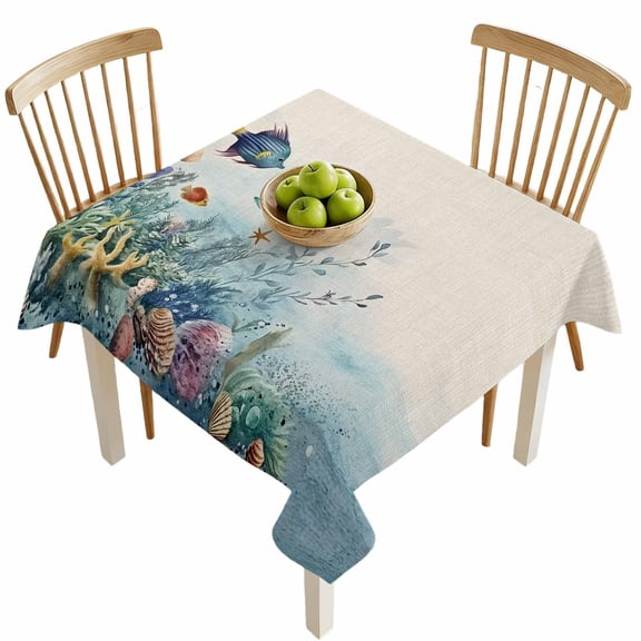 Square Tablecloths, Cartoon Fish Summer Ocean Coral Waterproof Table Cloths, Seaside Animal Linen Texture Spillproof Decorative Dining Table Covers for Kitchen,Indoor Outdoor Parties, Camping 54x54in