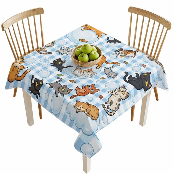 Square Tablecloths, Cartoon Lovely Pets Fish Bubbles Waterproof Table Cloths, Light Blue Check Spillproof Decorative Dining Table Covers for Kitchen,Indoor Outdoor Parties, Camping 60x60in