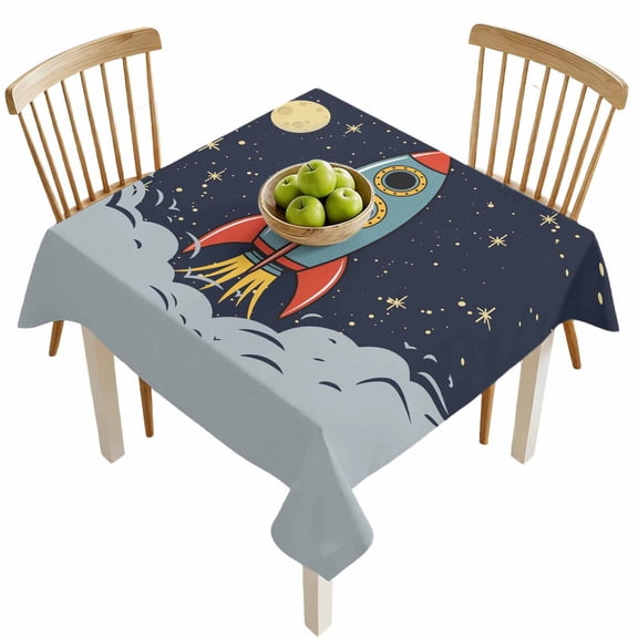 Square Tablecloths, Cartoon Space Rocket Launch Stars and Moon Waterproof Table Cloths, Outer Planet Spillproof Decorative Dining Table Covers for Kitchen,Indoor Outdoor Parties, Camping 54x54in