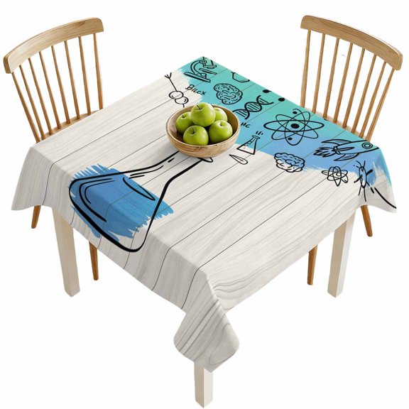 Square Tablecloths, Chemical Formula Beaker on Wood Grain Waterproof Table Cloths, School Season Spillproof Decorative Dining Table Covers for Kitchen,Indoor Outdoor Parties, Camping 54x54in