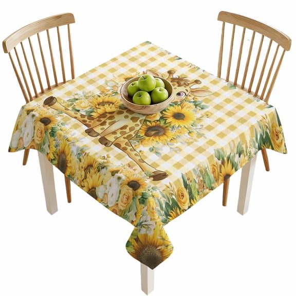 Square Tablecloths, Children's Day Cute Giraffe Waterproof Table Cloths, Farm Sunflowers Yellow Plaid Spillproof Decorative Dining Table Covers for Kitchen,Indoor Outdoor Parties, Camping 54x54in