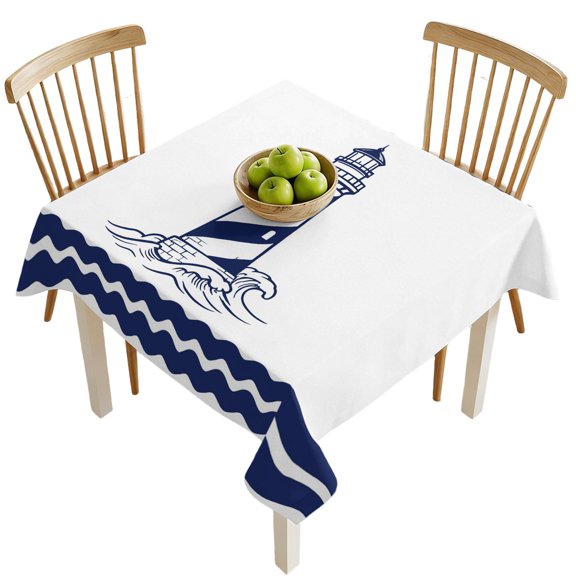 Square Tablecloths, Coastal Nautical Lighthouse Sea Wave Waterproof Table Cloths, Navy Blue Water Ripple Spillproof Decorative Dining Table Covers for Kitchen,Indoor Outdoor Parties, Camping 54x54in