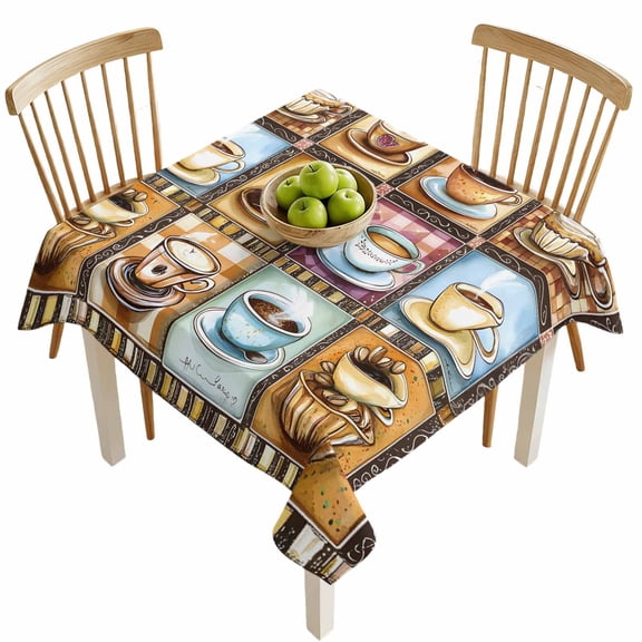 Square Tablecloths, Coffee Cake Dessert Food Waterproof Table Cloths, Retro Collage Art Spillproof Decorative Dining Table Covers for Kitchen,Indoor Outdoor Parties, Camping 54x54in