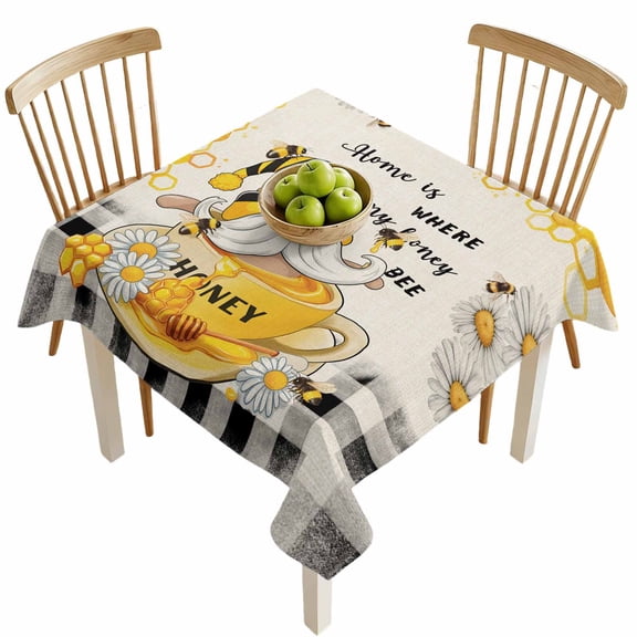 Square Tablecloths, Coffee Gnome Bee Daisy Flower Waterproof Table Cloths, Black White Plaid Retro Linen Spillproof Decorative Dining Table Covers for Kitchen,Indoor Outdoor Parties, Camping 54x54in