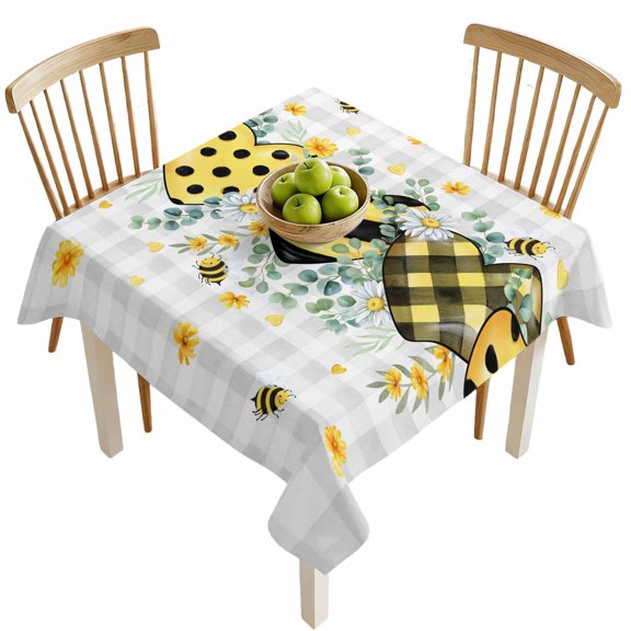 Square Tablecloths, Country Flower Leaf Bee Heart Waterproof Table Cloths, Rustic Gray White Buffalo Plaid Spillproof Decorative Dining Table Covers for Kitchen,Indoor Parties, Camping 54x54in