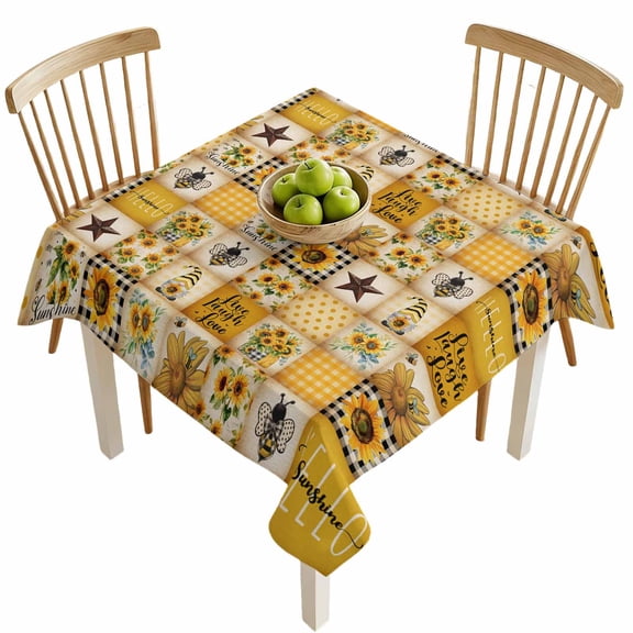 Square Tablecloths, Country Star Bee Gnome Sunflower Waterproof Table Cloths, Farm Yellow Gingham Check Spillproof Decorative Dining Table Covers for Kitchen,Indoor Outdoor Parties, Camping 54x54in