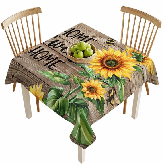 Square Tablecloths, Country Sunflower Bee Green Leaves Waterproof Table Cloths, Farm Retro Wood Board Spillproof Decorative Dining Table Covers for Kitchen,Indoor Outdoor Parties, Camping 54x54in