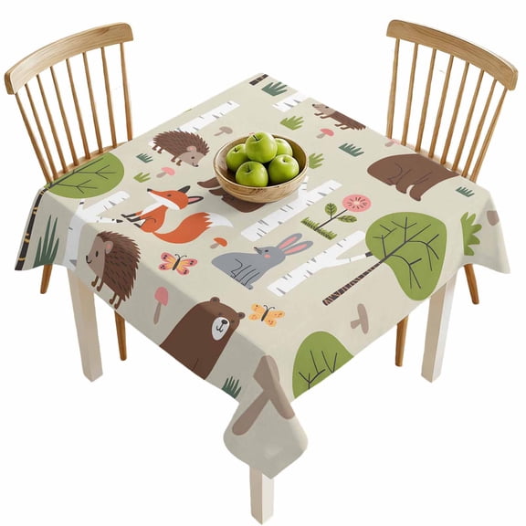 Square Tablecloths, Cute Bear Hedgehog Fox Waterproof Table Cloths, Cartoon Tree Wild Flower Spillproof Decorative Dining Table Covers for Kitchen,Indoor Outdoor Parties, Camping 54x54in