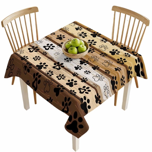 Square Tablecloths, Cute Dog Paw Print Farm Wood Board Waterproof Table Cloths, Pet Footprint Shadow Spillproof Decorative Dining Table Covers for Kitchen,Indoor Outdoor Parties, Camping 54x54in