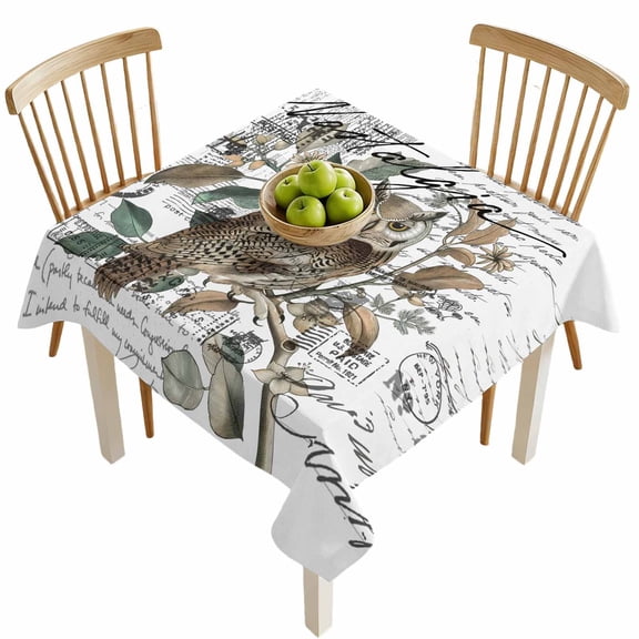 Square Tablecloths, Cute Owl Bird on Branch Waterproof Table Cloths, Wild Animal Retro Letter Back Spillproof Decorative Dining Table Covers for Kitchen,Indoor Outdoor Parties, Camping 54x54in
