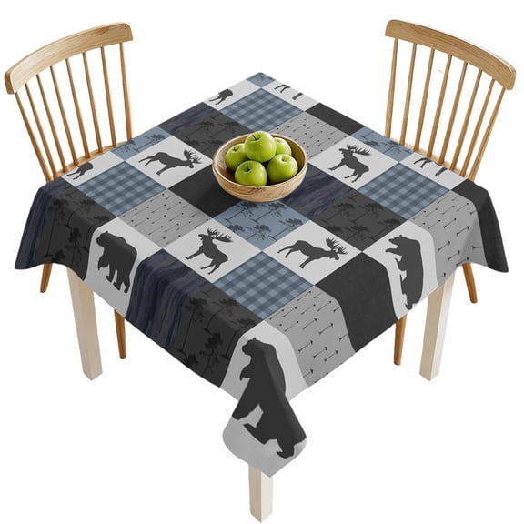 Square Tablecloths, Deer Bear Retro Grey Plaid Waterproof Table Cloths, Forest Animal Shadow Spillproof Decorative Dining Table Covers for Kitchen,Indoor Outdoor Parties, Camping 54x54in