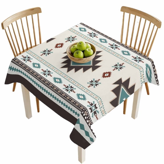 Square Tablecloths, Farm Aztec Bohemian Geometric Waterproof Table Cloths, Green Brown Ethnic Wind Spillproof Decorative Dining Table Covers for Kitchen,Indoor Outdoor Parties, Camping 54x54in
