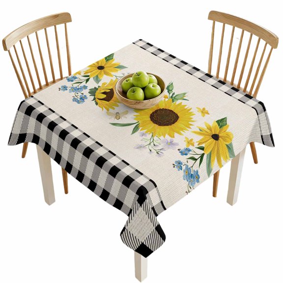 Square Tablecloths, Farm Sunflower Black Check Retro Linen Waterproof Table Cloths, Watercolor Yellow Flower Spillproof Decorative Dining Table Covers for Kitchen,Indoor Parties, Camping 60x60in