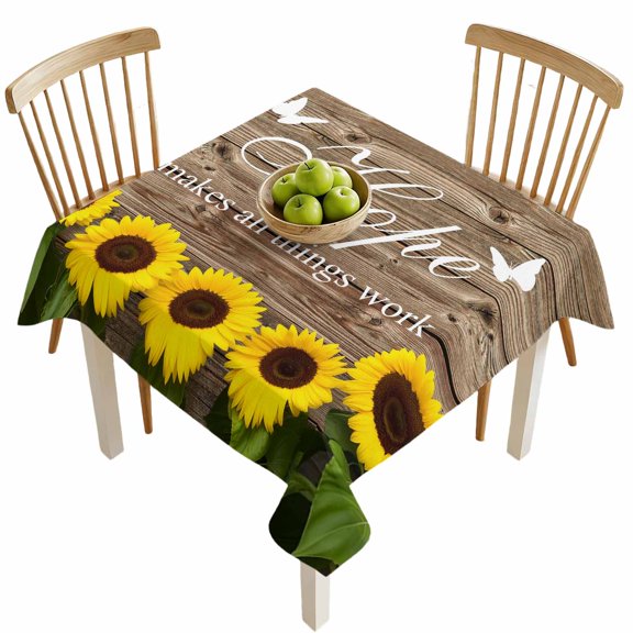 Square Tablecloths, Farm Sunflower Positive Energy Quote Waterproof Table Cloths, Retro Dark Brown Wood Grain Spillproof Decorative Dining Table Covers for Kitchen,Indoor Parties, Camping 54x54in
