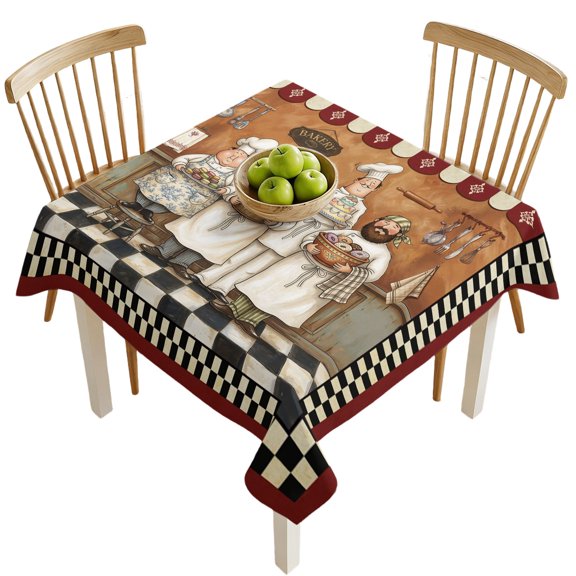 Square Tablecloths, Farmhouse Cartoon Chef Waterproof Table Cloths, Cooking Theme Black White Checkered Spillproof Decorative Dining Table Covers for Kitchen,Indoor Outdoor Parties, Camping 60x60in