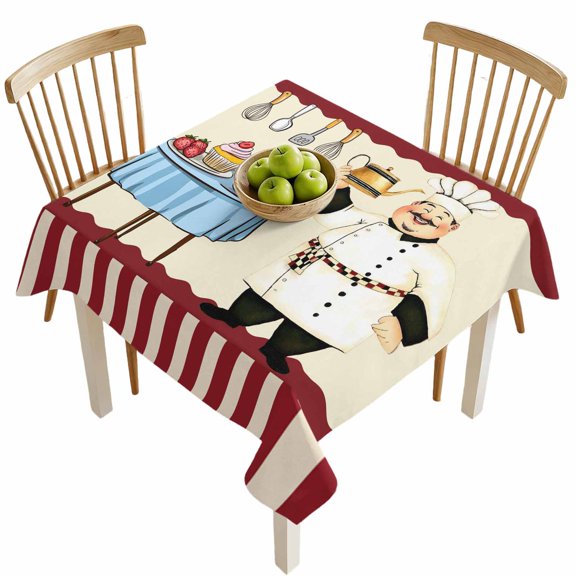 Square Tablecloths, Fun Chef Cutlery Gourmet Waterproof Table Cloths, Red Stripe Spillproof Decorative Dining Table Covers for Kitchen,Indoor Outdoor Parties, Camping 54x54in