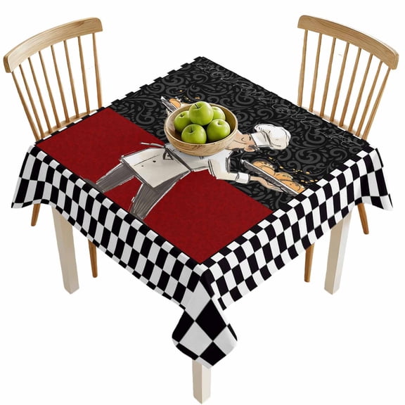 Square Tablecloths, Funny Chef Kitchen Cooking Waterproof Table Cloths, Black and White Checker Spillproof Decorative Dining Table Covers for Kitchen,Indoor Outdoor Parties, Camping 54x54in