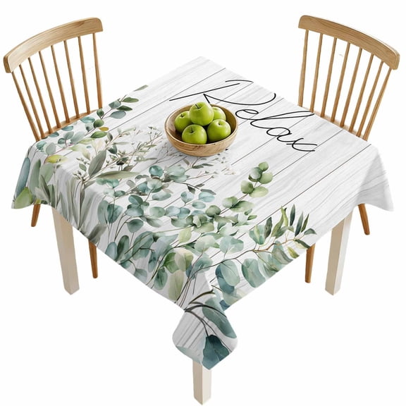 Square Tablecloths, Green Eucalyptus Leaves Farm Retro Wood Board Waterproof Table Cloths, Relax Quote Spillproof Decorative Dining Table Covers for Kitchen,Indoor Outdoor Parties, Camping 54x54in
