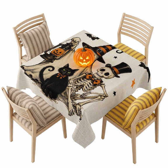 Square Tablecloths, Halloween Skeleton Ghost Black Cat Waterproof Table Cloths, Retro Linen Background Spillproof Decorative Dining Table Covers for Kitchen,Indoor Outdoor Parties, Camping 54x54in