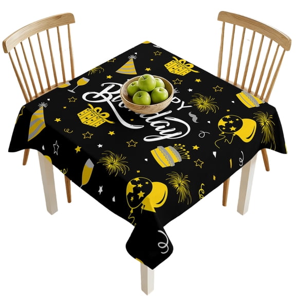 Square Tablecloths, Happy Birthday Cake Balloon Firework Waterproof Table Cloths, Yellow Stars and Gift on Black Spillproof Decorative Dining Table Covers for Kitchen,Parties, Camping 54x54in