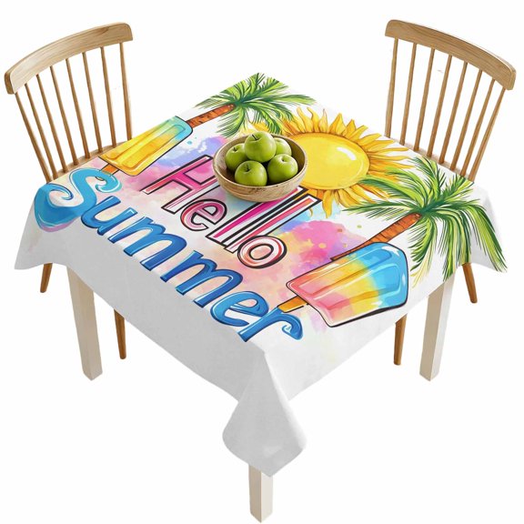 Square Tablecloths, Hello Summer Text Sun Palm Tree Waterproof Table Cloths, Colorful Ocean Seaside Theme Spillproof Decorative Dining Table Covers for Kitchen,Indoor Outdoor Parties, Camping 54x54in