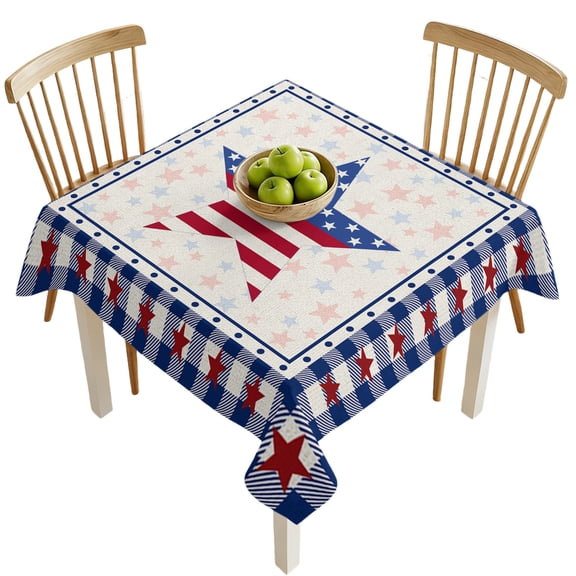 Square Tablecloths, Independence Day Red Stripe Stars Blue Plaid Waterproof Table Cloths, American Flag Cotton Back Spillproof Decorative Dining Table Covers for Kitchen,Parties, Camping 54x54in