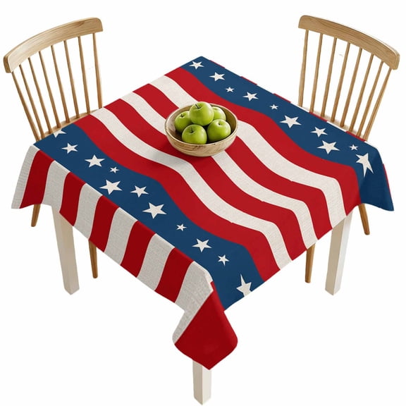 Square Tablecloths, Independence Day Red and White Wave Striped Patriotic Star Waterproof Table Cloths, Blue Spillproof Decorative Dining Table Covers for Kitchen,Indoor Parties, Camping 54x54in
