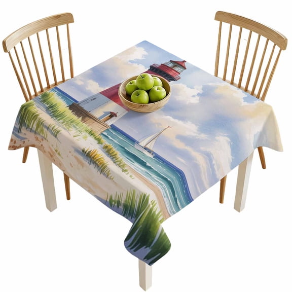 Square Tablecloths, Lighthouse Beach Beach Sea Island Waterproof Table Cloths, Vintage Oil Painting Art Spillproof Decorative Dining Table Covers for Kitchen,Indoor Outdoor Parties, Camping 54x54in