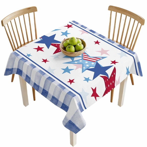Square Tablecloths, Memorial Day Red Blue Star and Grid Waterproof Table Cloths, Independence Day Patriotic Flag Spillproof Decorative Dining Table Covers for Kitchen,Indoor Parties, Camping 54x54in
