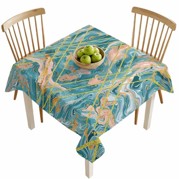 Square Tablecloths, Modern Abstract Teal Pink Marble Texture Waterproof Table Cloths, Geometric Golden Lines Spillproof Decorative Dining Table Covers for Kitchen,Indoor Parties, Camping 54x54in