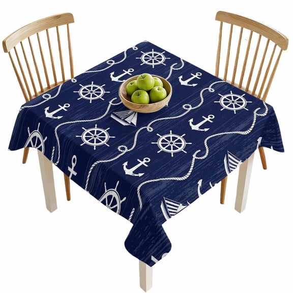 Square Tablecloths, Nautical Anchor Sailboat Waterproof Table Cloths, Deep Navy Blue Background Spillproof Decorative Dining Table Covers for Kitchen,Indoor Outdoor Parties, Camping 54x54in