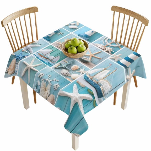 Square Tablecloths, Nautical Lighthouse Rudder Starfish Waterproof Table Cloths, Marine Life Shell Blue Wood Spillproof Decorative Dining Table Covers for Kitchen,Indoor Parties, Camping 54x54in