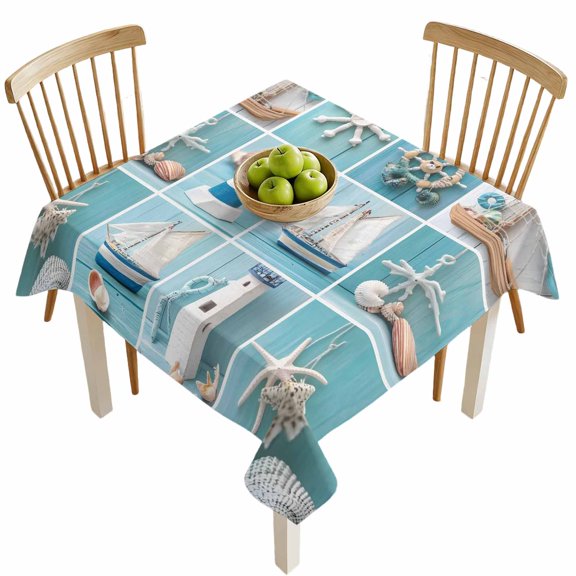 Square Tablecloths, Ocean Beach Lighthouse Starfish Shell Waterproof Table Cloths, Blue Wood Grain Plaid Spillproof Decorative Dining Table Covers for Kitchen,Indoor Outdoor Parties, Camping 54x54in