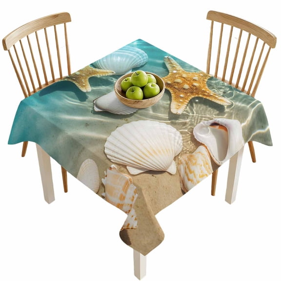 Square Tablecloths, Ocean Beach Seashell Starfish Waterproof Table Cloths, Sea Water Waves Spillproof Decorative Dining Table Covers for Kitchen,Indoor Outdoor Parties, Camping 54x54in