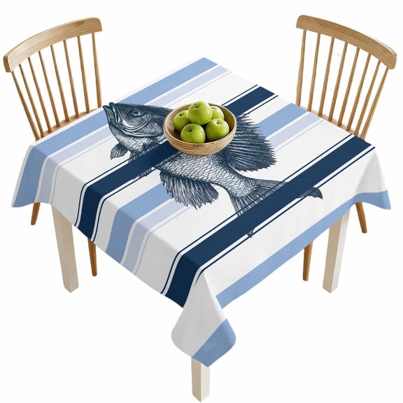 Square Tablecloths, Ocean Fish Blue Stripe Waterproof Table Cloths, Watercolor Marine Life Line Theme Spillproof Decorative Dining Table Covers for Kitchen,Indoor Outdoor Parties, Camping 54x54in