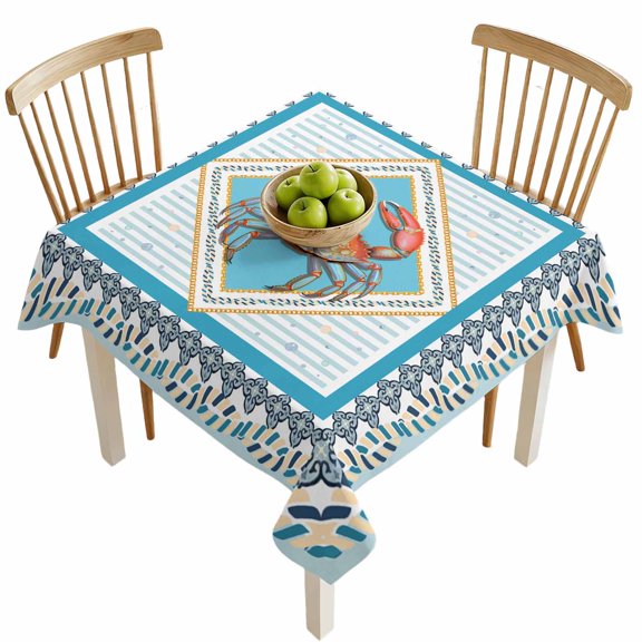 Square Tablecloths, Ocean Sea Animal Red Crab Waterproof Table Cloths, Blue Bubble Stripes in Floral Frame Spillproof Decorative Dining Table Covers for Kitchen,Indoor Parties, Camping 54x54in