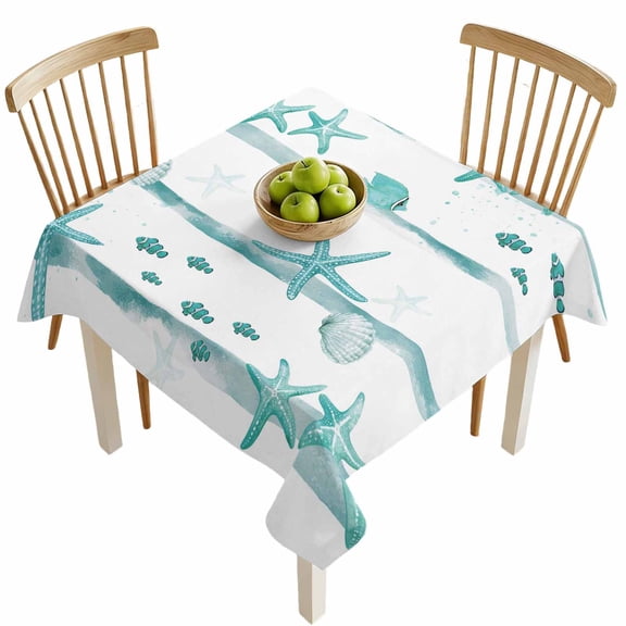 Square Tablecloths, Ocean Starfish Shell Fish Waterproof Table Cloths, Watercolor Mint Green Stripes Spillproof Decorative Dining Table Covers for Kitchen,Indoor Outdoor Parties, Camping 54x54in