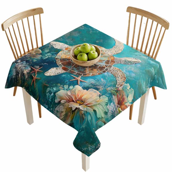 Square Tablecloths, Ocean Submarine Coral Turtle Starfish Waterproof Table Cloths, Undersea Creatures Spillproof Decorative Dining Table Covers for Kitchen,Indoor Outdoor Parties, Camping 54x54in