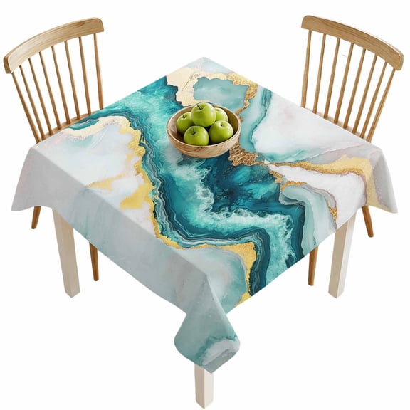 Square Tablecloths, Ombre Turquoise Marble Texture Waterproof Table Cloths, Abstract Watercolor Wavy Spillproof Decorative Dining Table Covers for Kitchen,Indoor Outdoor Parties, Camping 54x54in