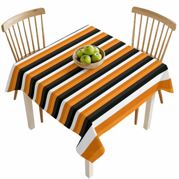 Square Tablecloths, Orange Stripes Happy Halloween Waterproof Table Cloths, Fall Theme Black Lines Spillproof Decorative Dining Table Covers for Kitchen,Indoor Outdoor Parties, Camping 54x54in