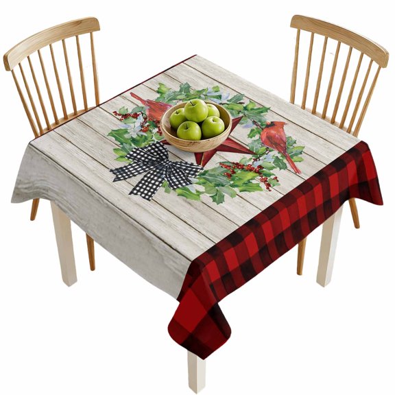 Square Tablecloths, Pentagram Bird on Wood Board Waterproof Table Cloths, Red Black Plaid Spillproof Decorative Dining Table Covers for Kitchen,Indoor Outdoor Parties, Camping 60x60in