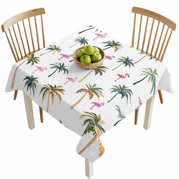 Square Tablecloths, Pink Flamingo Palm Trees on White Waterproof Table Cloths, Summer Beach Spillproof Decorative Dining Table Covers for Kitchen,Indoor Outdoor Parties, Camping 54x54in