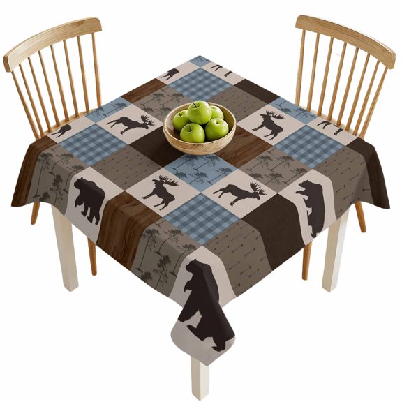 Square Tablecloths, Retro Deer Bear Plaid Check Waterproof Table Cloths, Abstract Patchwork Pattern Spillproof Decorative Dining Table Covers for Kitchen,Indoor Outdoor Parties, Camping 54x54in