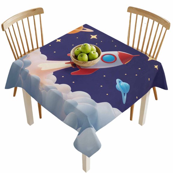 Square Tablecloths, Rocket Space Universe Planet Waterproof Table Cloths, Night Star Cartoon Style Spillproof Decorative Dining Table Covers for Kitchen,Indoor Outdoor Parties, Camping 54x54in